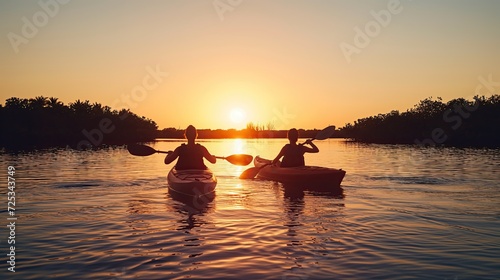 Two people on kayaks sailing in the lagoon