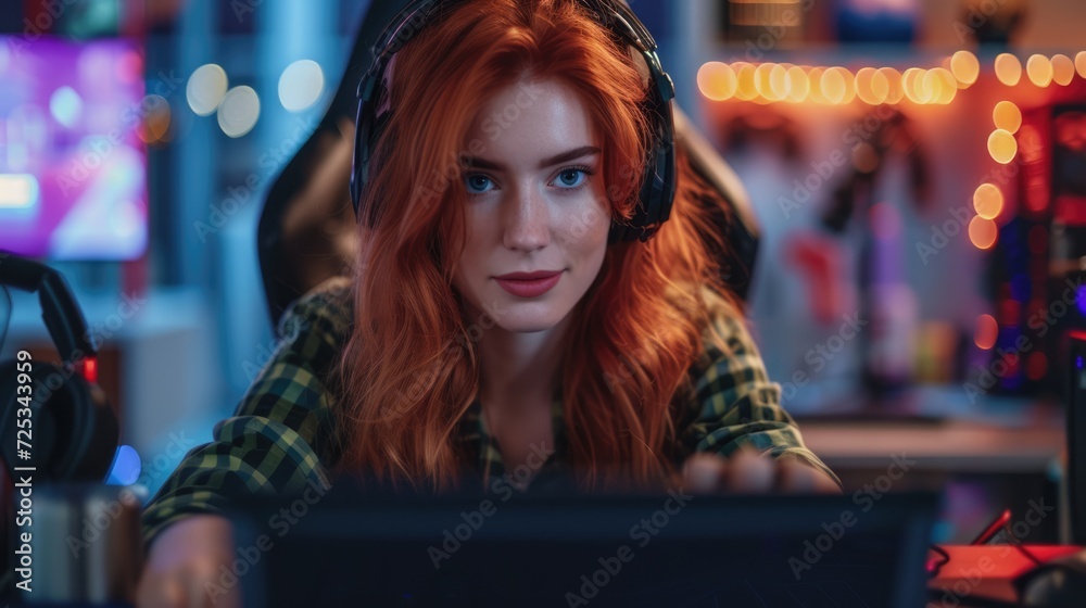 beautiful red head ginger gaming girl playing games on computer beautiful red head ginger gaming girl playing games on computer