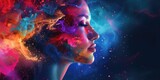 beautiful fantasy abstract portrait of a woman face with colorful paint space nebula, closeup of eyes