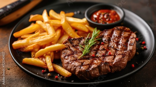 tasty grilled organic beef steak with french fries photo