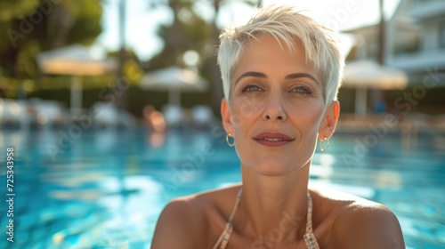 beautiful attractive mid-aged woman in public swimming pool