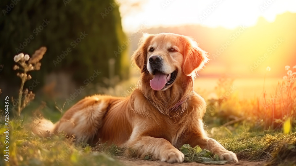 Relaxed Golden Retriever Enjoying Sunshine in Green Grass - Generative AI Relaxed Golden Retriever Enjoying Sunshine in Green Grass - Generative AI