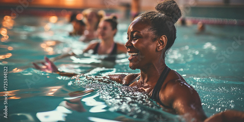 Amidst the tranquil blue waters of the outdoor swimming pool, a group of people engage in the invigorating sport of swimming, their faces illuminated with joy and determination, as they bask in the l