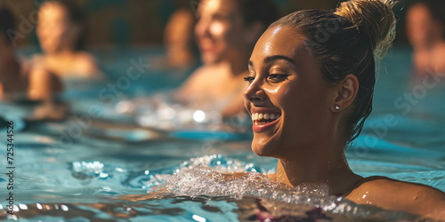 A joyous woman basking in the refreshing waters of a swimming pool at a leisure centre, radiating happiness and determination as she embraces the sport of swimming photo