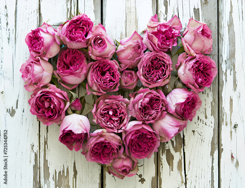 Pink dead roses make up a heart shaped arrangement on a white wooden background. Pink dead roses make up a heart shaped arrangement on a white wooden background.