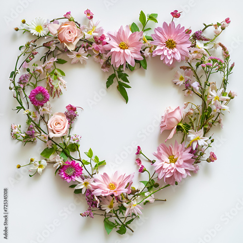 Pink dead roses make up a heart shaped arrangement on a white wooden background.