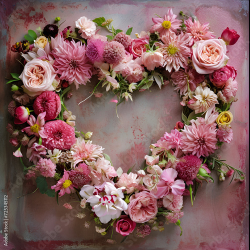 Pink dead roses make up a heart shaped arrangement on a white wooden background.