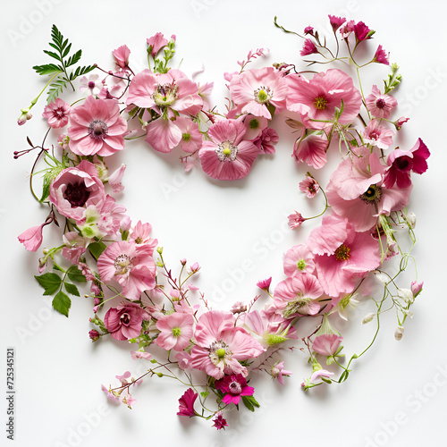 Pink dead roses make up a heart shaped arrangement on a white wooden background.
