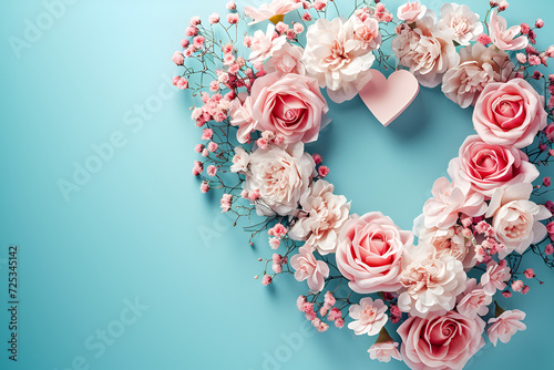 Pink dead roses make up a heart shaped arrangement on a white wooden background.