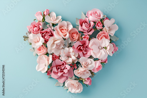 Pink dead roses make up a heart shaped arrangement on a white wooden background.