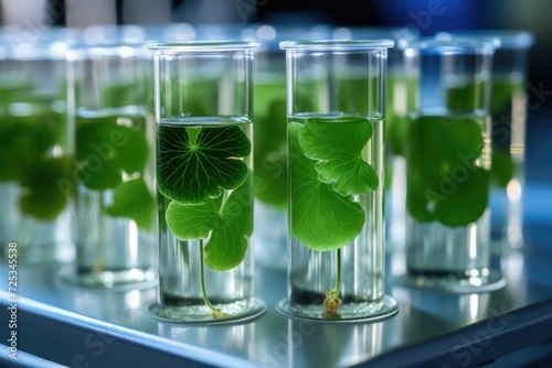 Centella asiatica for Biological experiment. Gotu kola leaves and in biological test tubes. Production of cosmetics photo