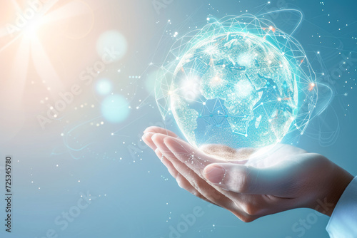 Close up of human hand holding global network connection concept. 