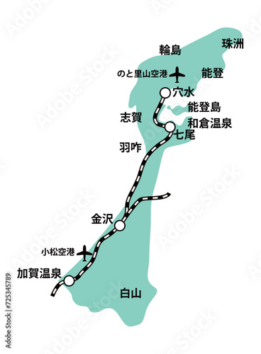 石川県の線路空港地名入り地図イラスト_緑色