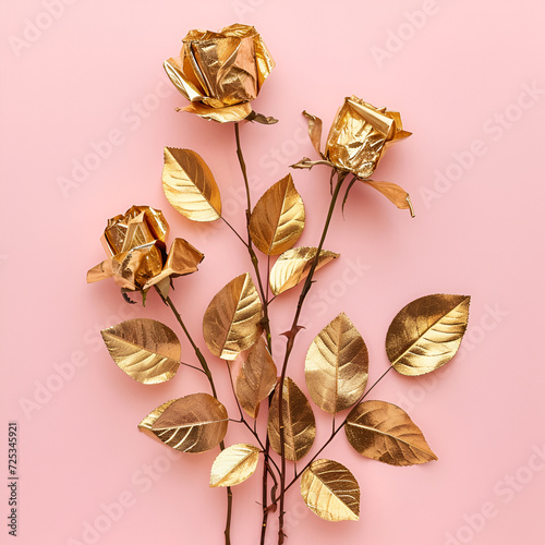 Romantic roses of gold leaves on soft pink background, in the style of humor meets heart, made of cardboard.
