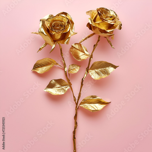 Romantic roses of gold leaves on soft pink background, made of cardboard.
