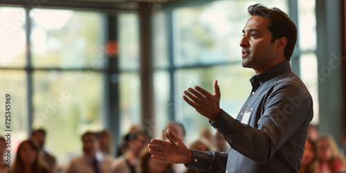 A confident man commands attention from a group of individuals as he stands before them, framed by the natural light streaming through the window and dressed in stylish attire