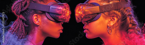 two futuristic girls in virtual reality headsets looking at each other isolated on black