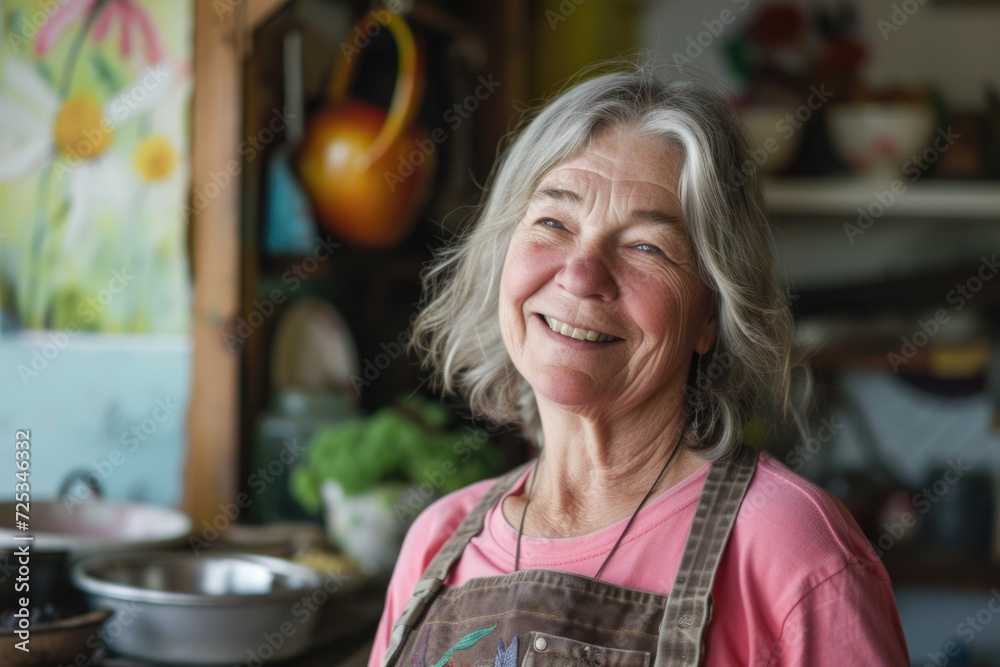Portrait of happy senior woman standing in the kitchen and smiling. Portrait of happy senior woman standing in the kitchen and smiling.