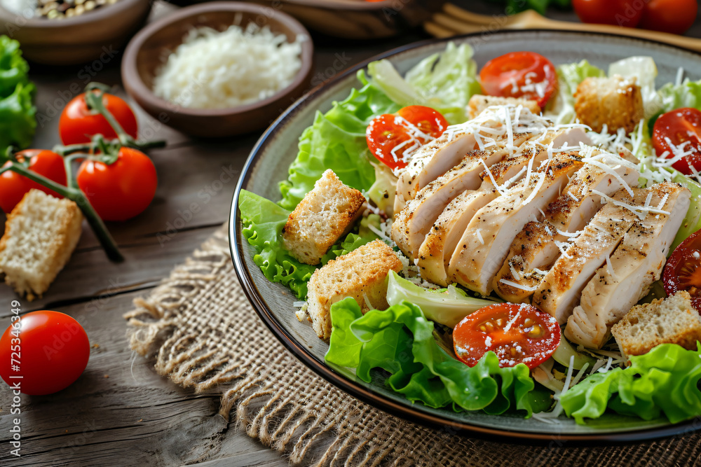 Photo caesar salad with chicken fillet tomatoes Photo caesar salad with chicken fillet tomatoes