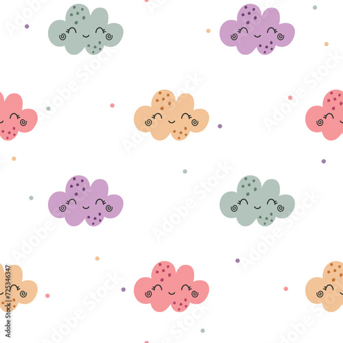 Colorful smiling clouds with polka dots cute seamless pattern. Vector hand drawn Easter illustration. Fun spring background for wrapping paper, packaging, gift, fabric, wallpaper, textile, apparel.
