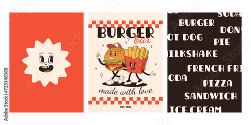 Set of fast food posters. Retro groovy cards with street food characters. Brochure with funky groovy burger, french fries, soda, ice cream, donut, pie, coffee to go, sandwich. Fast food delivery
