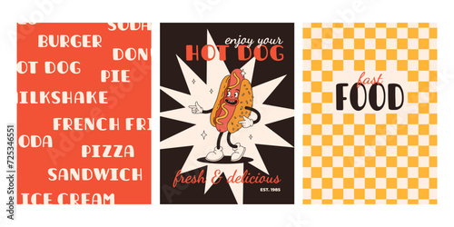Set of fast food posters. Retro groovy cards with street food characters. Brochure with funky groovy burger, french fries, soda, ice cream, donut, pie, coffee to go, sandwich. Fast food delivery