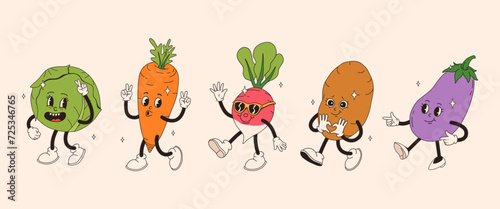 Funny vegetables retro cartoon characters sticker set. Modern label with cute comics characters. Hand drawn doodles of comic mascot. Set in modern cartoon style. 70s retro vibes.