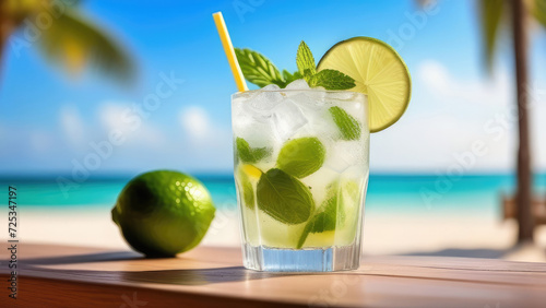 Glass of mojito cocktail on beach bar counter, blue sky, white oceanic sand, light blurred background, selective focus, copy space