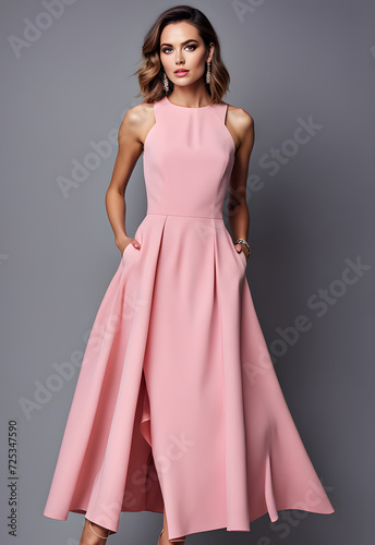 Full length of perfect cover lady model in pink dress at grey isolate background, confident looking at camera. Stylish woman posing, studio shot. Fashionable style image concept. Copy ad text space