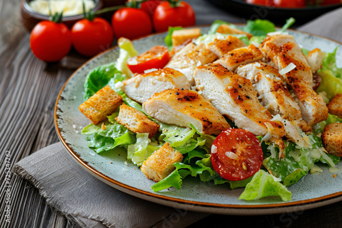 Photo caesar salad with chicken fillet tomatoes
