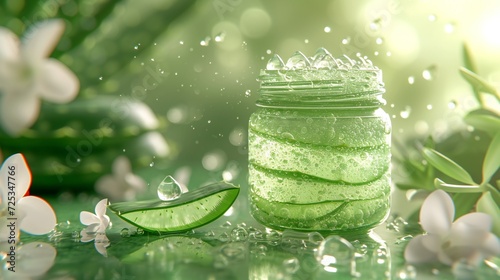 A jar of soothing aloe vera gel rests against a serene backdrop, promising rejuvenation and calm.