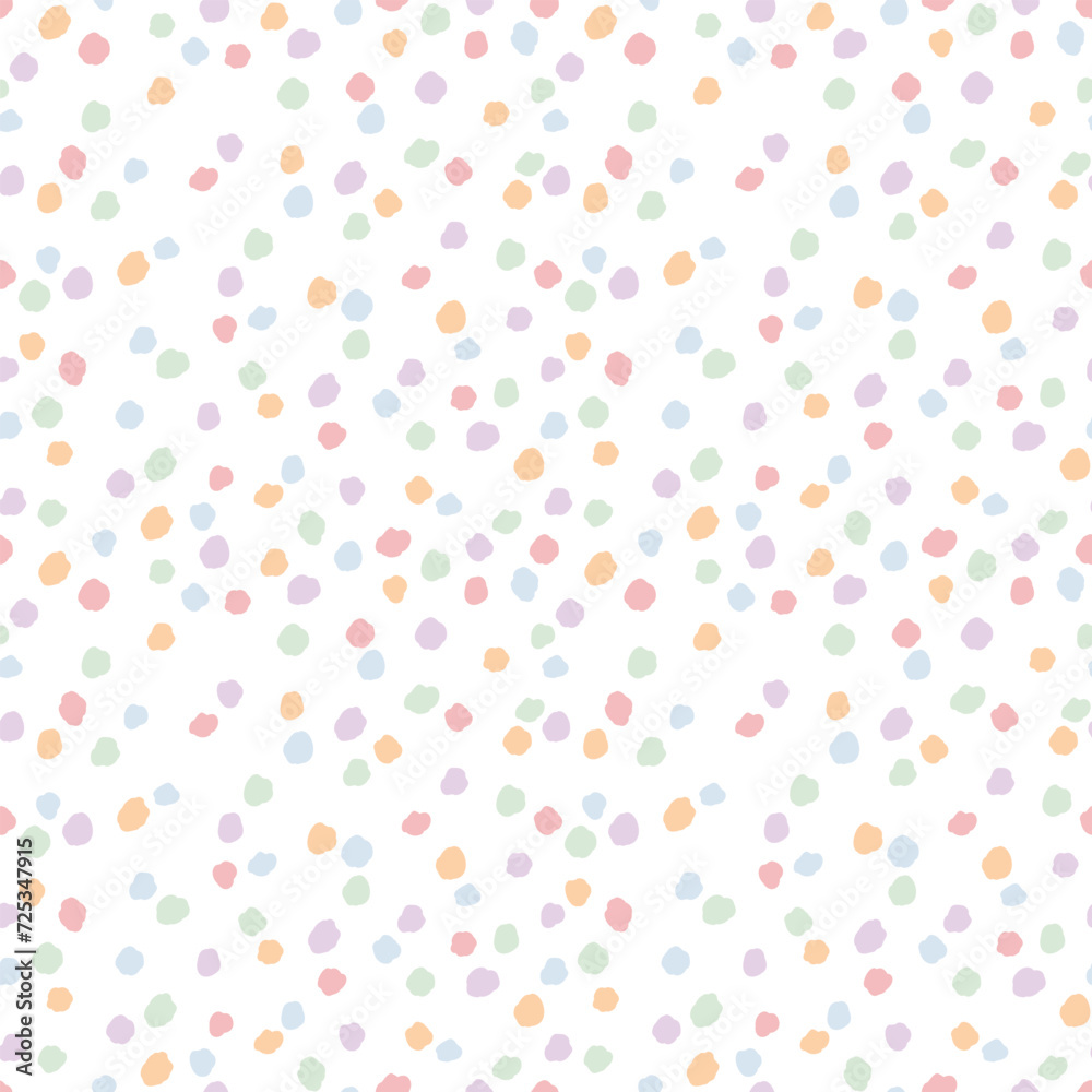 Seamless vector pattern with colorful dots. Abstract confetti texture. Cute hand drawn childish background for wrapping paper, textile, print, fabric, wallpaper, card, gift, apparel, packaging.