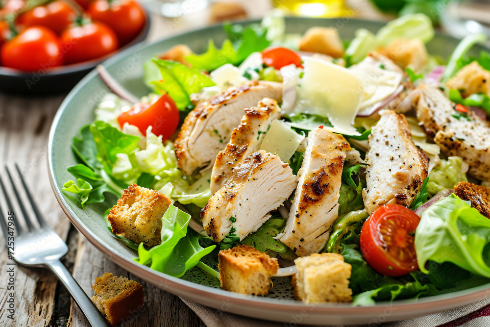Photo caesar salad with chicken fillet tomatoes Photo caesar salad with chicken fillet tomatoes