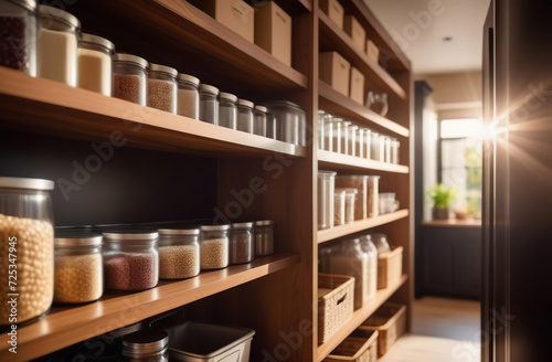 Storage organization at cupboard. Groceries in glass jars arranged on wall shelves. Organizing the kitchen pantry for foodstuff. Home design. Preserved foods, healthy eating, legumes, bulk items.