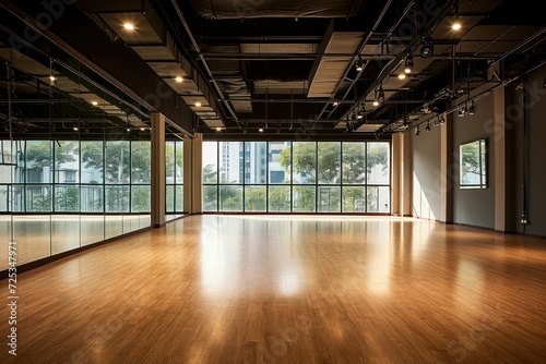 Interior of an empty dance  yoga  fitness studio hall with big mirrors  windows and wooden floor  Generative AI 