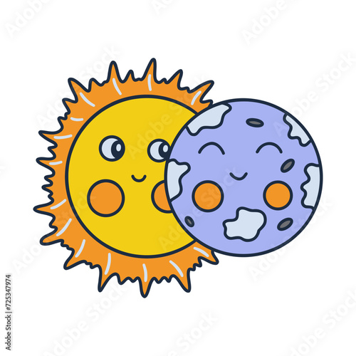 Partial solar eclipse, initial phase. Colorful vector isolated illustration hand drawn doodle. Cute smiling sun and moon. Icon or card, print clip art with contour