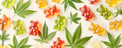 Background of Gummy Bears and Cannabis.
A patterned background featuring gummy bears and cannabis leaves.
