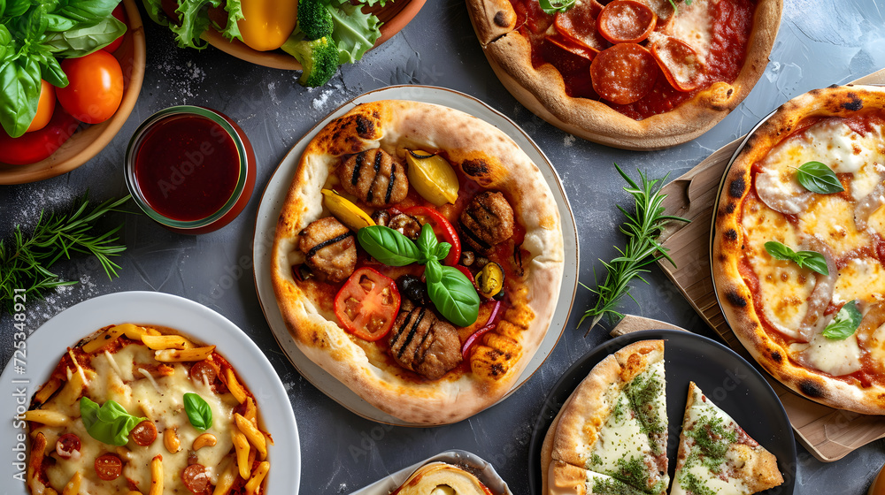 Assorted Italian Pizzas and Pasta on a Dark Textured Table with Fresh Ingredients Assorted Italian Pizzas and Pasta on a Dark Textured Table with Fresh Ingredients