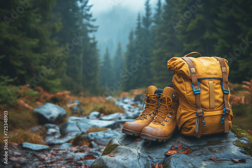 Backpack and hiking boots in forest. photo