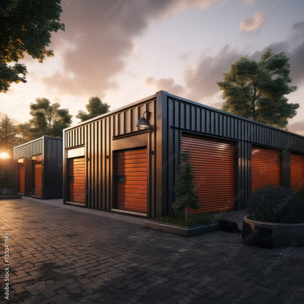 Modern warehouse with metal doors at sunset. Storage concept, garage buildings