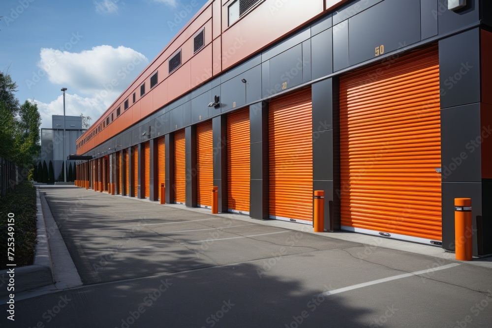 modern warehouse with orange doors, close up view of the storage room. Storage concept, garage buildings modern warehouse with orange doors, close up view of the storage room. Storage concept, garage buildings