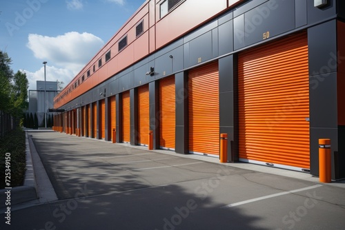 modern warehouse with orange doors, close up view of the storage room. Storage concept, garage buildings