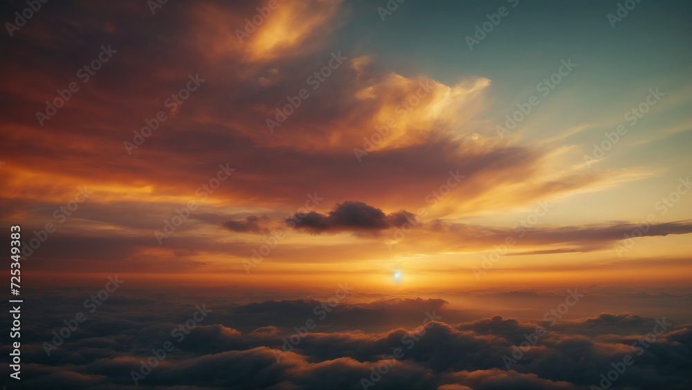 The sun is setting behind a cloudy sky, casting a warm orange hue over the landscape. The clouds are thick and billowy, creating a dramatic backdrop for the scene. In the midst of this stunning view, 