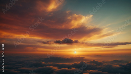 The sun is setting behind a cloudy sky, casting a warm orange hue over the landscape. The clouds are thick and billowy, creating a dramatic backdrop for the scene. In the midst of this stunning view, 