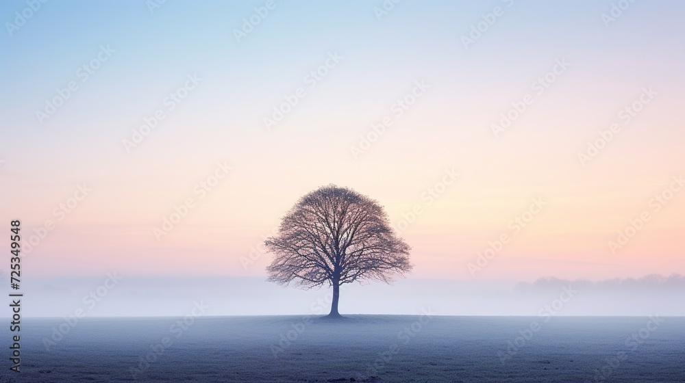 A single tree stands against a gentle dawn mist, symbolizing solitude and the calm of early morning, perfect for reflecting on peace and solitude with ample space for text. - obrazy, fototapety, plakaty 
