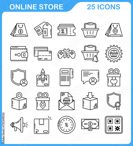 a set of line style icons of online shop, online payment and online purchase