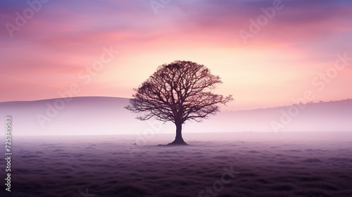 Majestic solitary tree amidst a misty landscape at sunrise, with soft purple hues for a peaceful dawn setting, ideal for meditation and mindfulness themes with space for text. © logonv