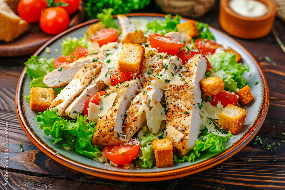 Photo caesar salad with chicken fillet tomatoes