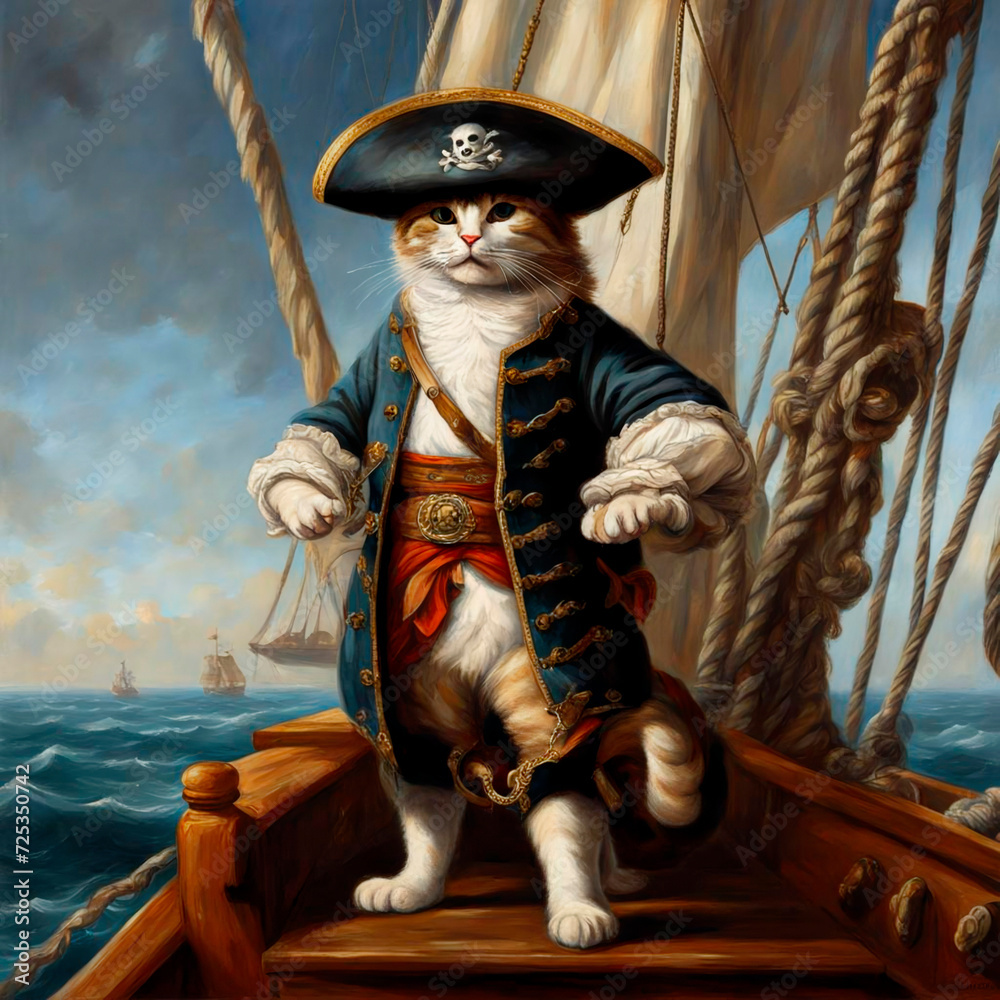 Fototapeta premium Luxurious cat in a pirate hat and a naval vintage uniform on the wooden deck of a sailing ship. The concept of travel, sea romance, vacation, humor.