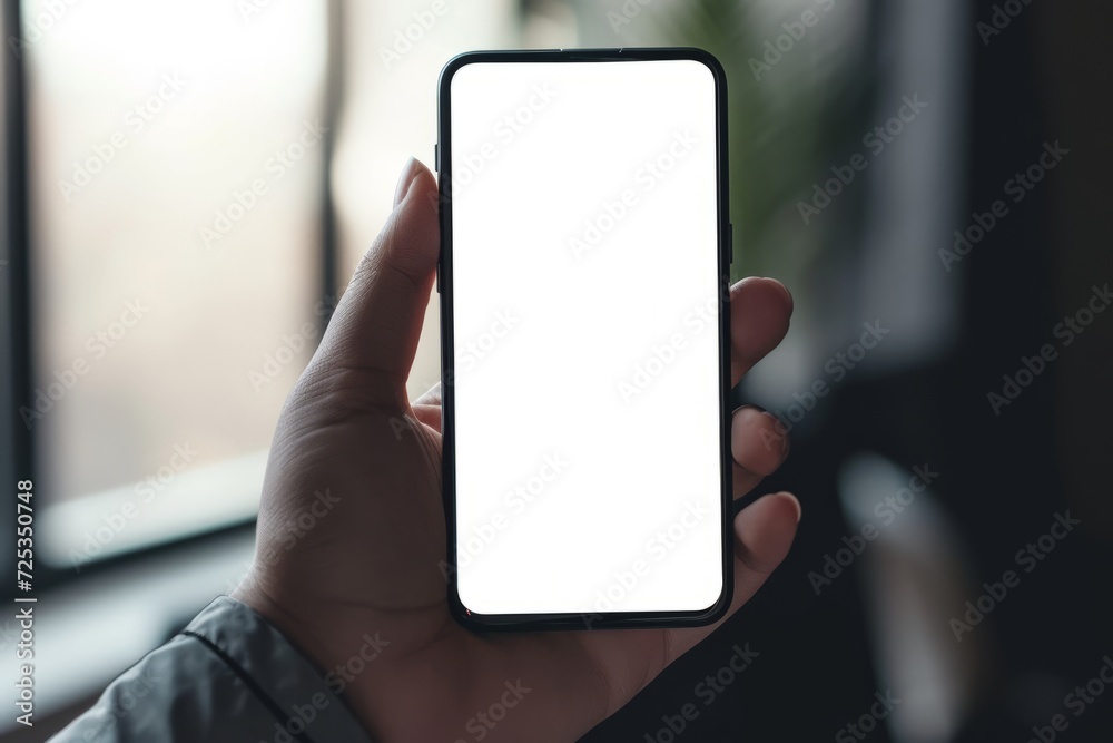 Mockup image of a woman's hand holding black mobile phone with isolated screen on blurred background